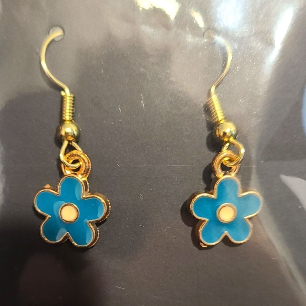 New Hand Crafted Cute Blue Flower Hook Earrings 14K Gold Plated.